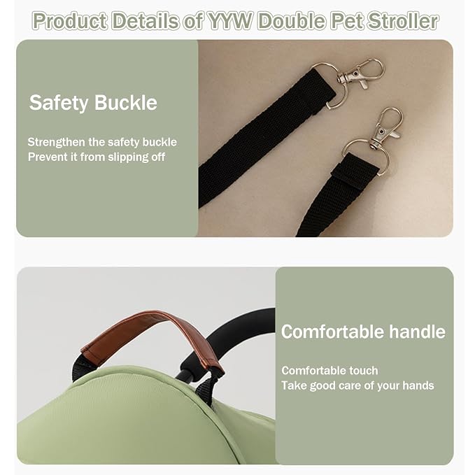 YYW Double Pet Stroller Foldable 2 Carriages Lockable Wheels Green Beige | Travel Strolling Cart, Top Detachable Carrier, Ideal for Multi-Pet Families, Small Dogs & Cats, Outdoor Walks & Vet Visit