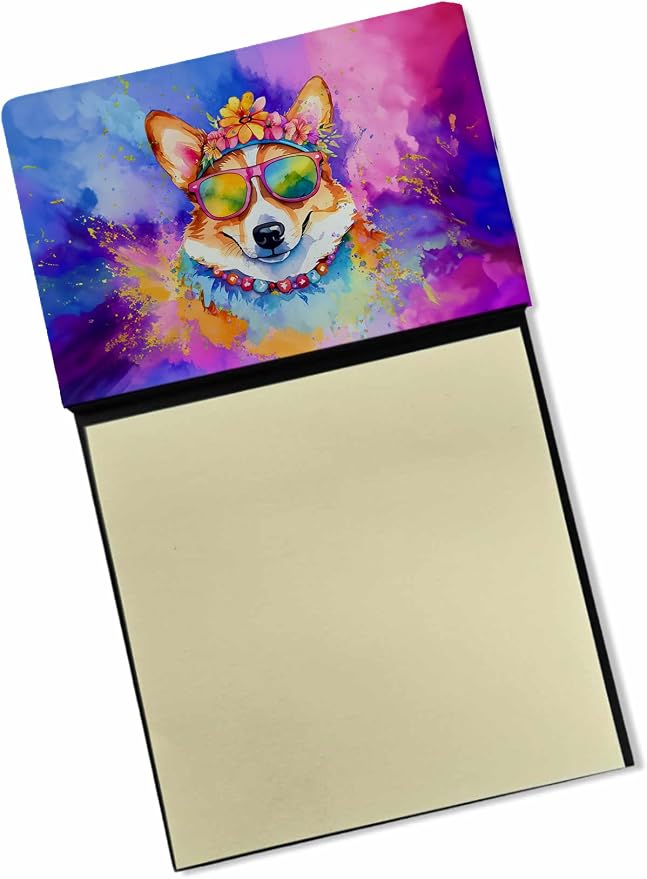 Caroline's Treasures Corgi Hippie Dawg Sticky Note Holder Refillable Dispenser Self-Sticky Note Pads, Memo Pads Blank Desk Accessories