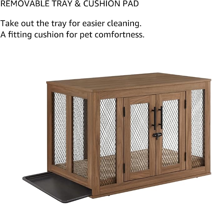 unipaws 37 Inch Furniture Style Dog Crate with Cushion and Tray | Mesh Dog Kennels with Double Doors, End Table Dog House, Medium Crate Indoor Use