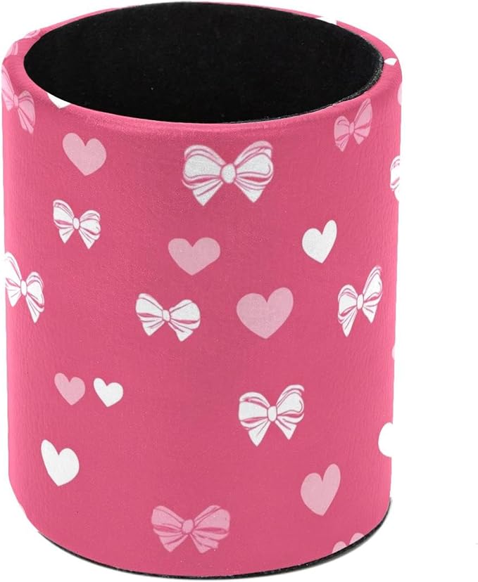 Faux Leather Pen Holder for Desk, Pencil Organizer Hearts and Bows Pen Cup Desk Decor Makeup Brush Holder Storage for Office Home