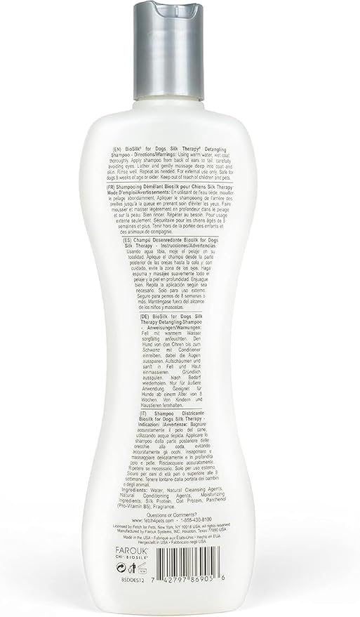 BioSilk for Dogs Silk Therapy Detangling Shampoo, Cleans and Moisturizes, Dematting Shampoo with Silk Proteins and Coconut Oil, No Parabens, pH Balanced, Made in USA, 12 Fl Oz - 2 Pack