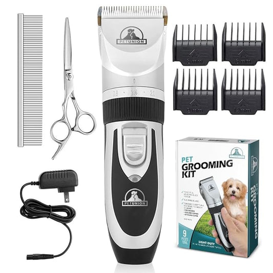 Pet Union Professional Dog Grooming Kit, Rechargeable, Cordless, Low Noise Dog Clippers for Grooming Thick Coats - Clippers, Nail Trimmer, Complete Grooming Set for Dogs, Cats and Other Pets (Chrome)