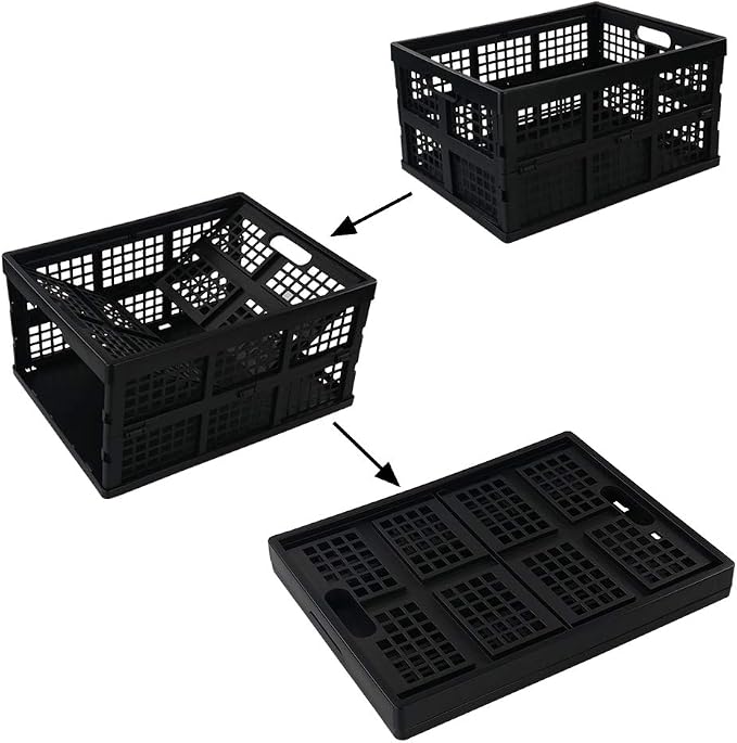 Morcte 34 L Plastic Rectangular Collapsible Crates, Pack for 3, Black | Folding Crates Storage, Space Saving, Stackable, Sturdy Build, Ideal For Groceries, Tools & Household Items