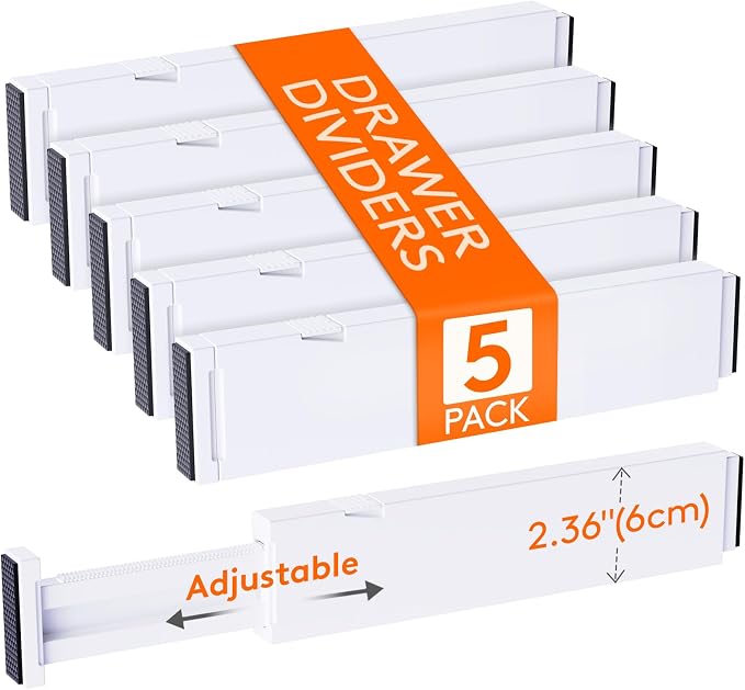 Lifewit 2.36" Upgrade Kitchen Drawer Dividers, Adjustable Drawer Organizer | 11"-17" Expandable White Drawer Separator for Clothes/Utensils, Dresser/Cabinet/Closet/Nursery Organization & Storage, 5 Pack