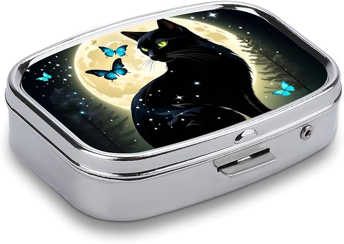 Black Cat and Butterfly Durable Metal Pill Case for Daily Use, 2 Slot Medicine Box Organizer,Leak Proof Travel Pill Container for Vitamins, Compact Pocket Medicine Holder for Seniors,Holiday Gift