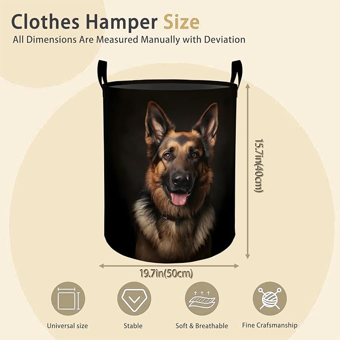 German Shepherd Dog Laundry Basket Hamper for Boys Girls Kids Adults, Foldable Waterproof Oxford Clothes Storage Bin, Pet Organizer for Bedroom Bathroom Room Decor 19.7"x15.8"
