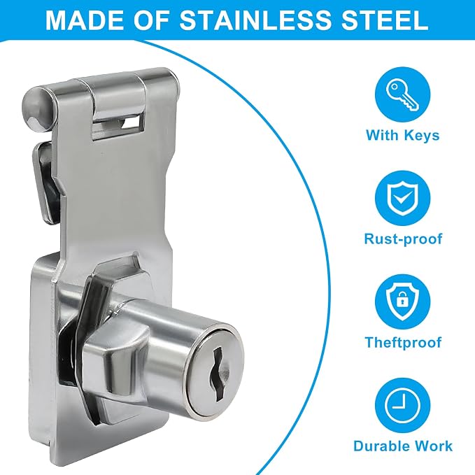 2 Pcs 2.5 Inch Hasp Lock, Silver | Metal Twist Knob, Keyed Locking, With Keys, With Screws, For Small Doors Cabinets Toolboxes Storage Units