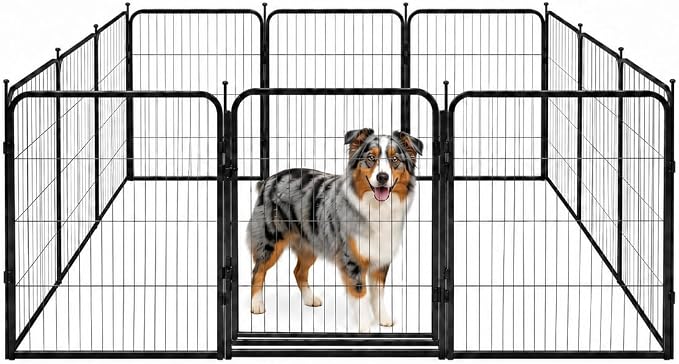 Indoor Dog Playpen - 32 inch, 12 Panels for Small and Puppy Size Dogs - Heavy Duty Metal Portable Pet Fence with Black Anti-Rust Coating - Play Pen w/Extra Wide Gate