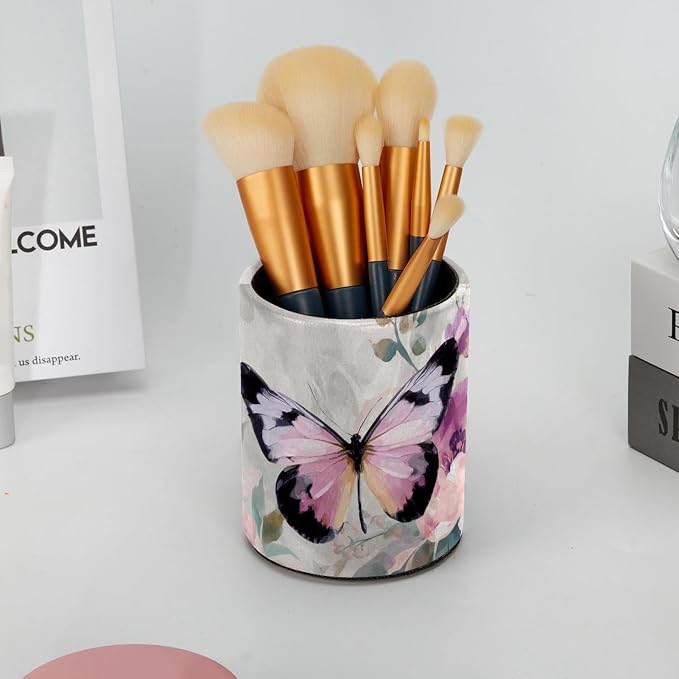 Faux Leather Pen Holder for Desk, Pencil Organizer Butterfly Pen Cup Desk Decor Makeup Brush Holder Storage for Office Home