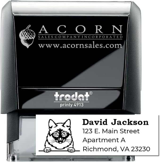 Peeking Mekong Bobtail Cat Address Stamp Self-Inking - Custom Rubber Stamp | Address Stamp for Mekong Bobtail Cat Moms. Rectangular imprint. Return Address Stamp for Cat Dads. 4 case colors.