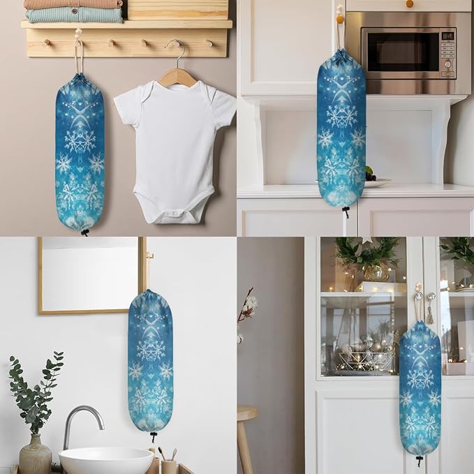 Winter Snowflakes Plastic Bag Holder Snow Blue Grocery Bag Storage Dispenser Washable Hanging Shopping Bags Carrier Reusable Wall Mount Trash Bag Organizer for Kitchen Pantry
