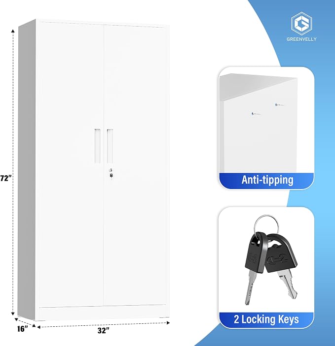 Greenvelly White Metal Storage Cabinet, 72" Locking Storage Cabinets with Doors and 4 Shelves, Tall Tool Storage Cabinet for Garage, Steel Lockable File Cabinet Metal Locker for Home Office, Classroom