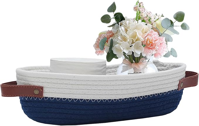 1 Pack Small Woven Storage Basket for Toilet Tank Top, Bathroom Countertop Organizer Cotton Rope Toilet Paper Storage Decorative Basket 13"x6"x4"(Navy/White)