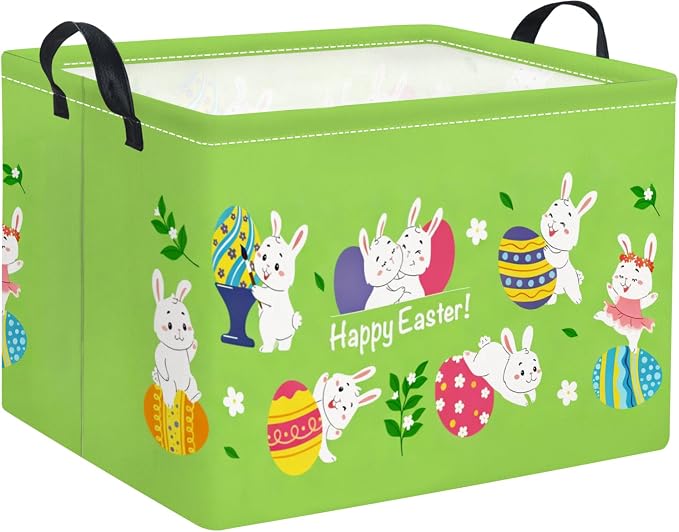 Rectangular Easter Basket Easter Gift Basket for Kids Baby Storage Basket Cute Toy Storage Bin Organizer Shelf Book Basket Easter Room Decor(Green Easter Basket)