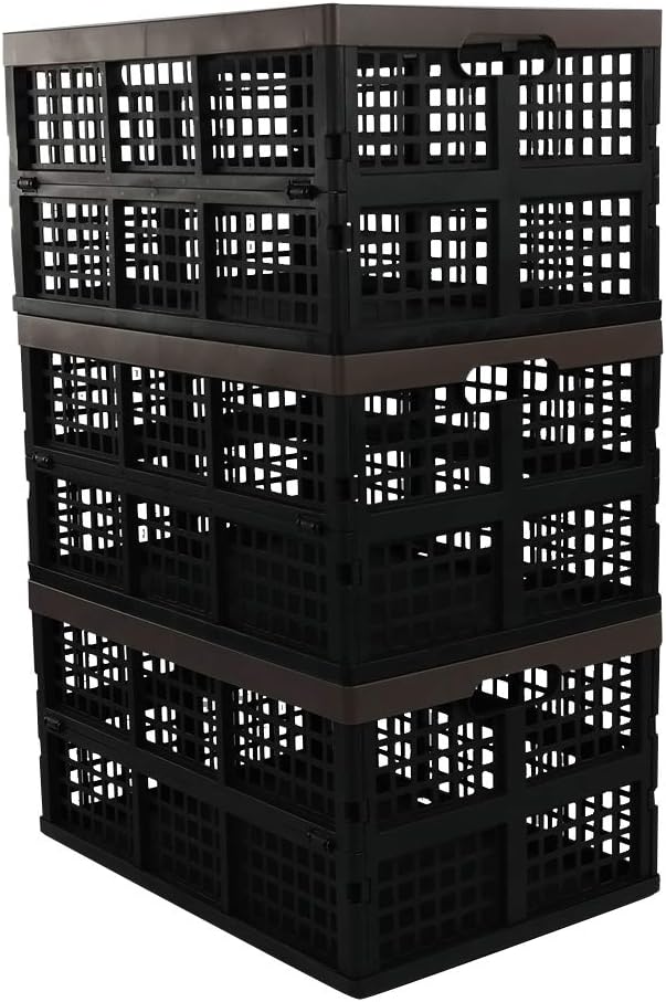 Morcte 3-Pack 42 L Collapsible Storage Crates, Stacking Storage Basket | Plastic crates, 42L large capacity, stackable & foldable, ventilated grid design, for home, office, garage storage