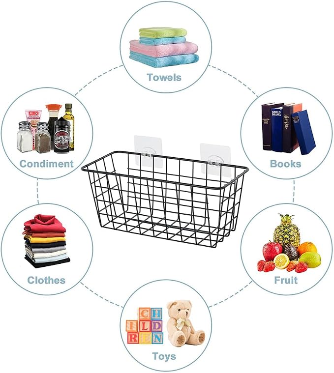JUNCHU CHERRY 5 Pack Hanging Storage Basket, Bathroom Basket, Household Goods, with Traceless Tape, no Drilling, for Cabinet Storage, Kitchen, Bathroom, Storage Room,Black