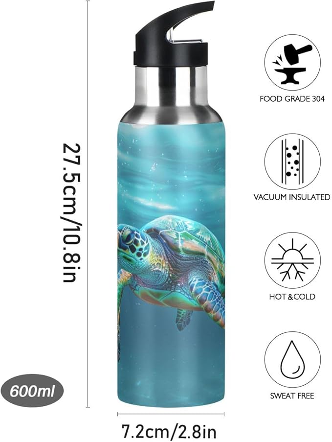 Turtle Teal Underwater Water Bottle with Straw Lid Kids Insulated Stainless Steel Water Flask Sports, 20 Oz Hot Cold