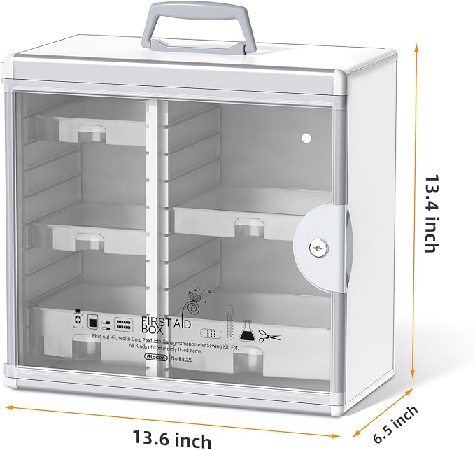 Lockable Medicine Cabinet with 5 Removable Trays, Wall Mounted & Portable Locking Medicine Cabinet Organizer with Key Lock for Home, Bathroom, Office - Aluminum Frame(13.6x6.5x12.4Inch)