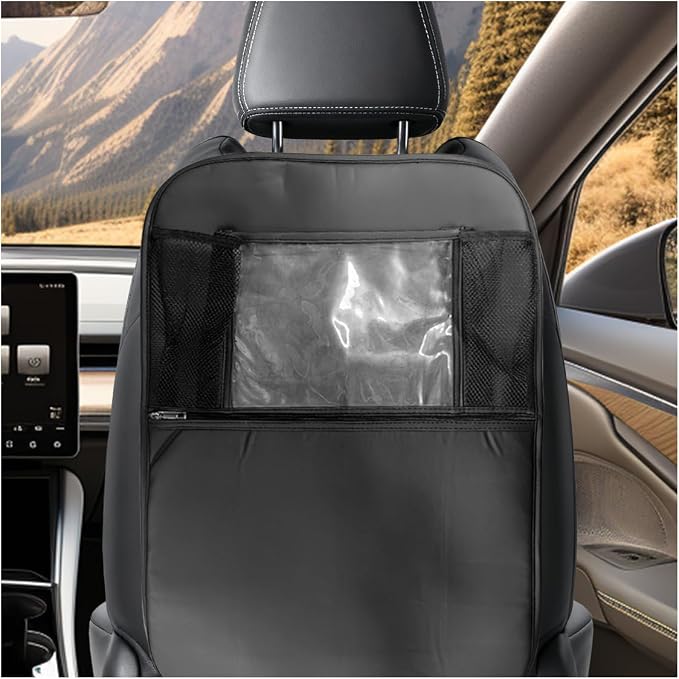 Car Kick Mats Back Seat Protector, Multifunctional Leather Car Rear Seat Hanging Storage Bag, Easy-to-Clean Auto Interior Backseat Organizer Accessory for SUVs, Trucks, Cars (Black)