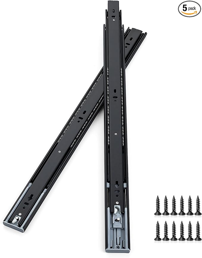 22 Inch Full Extension Drawer Slides, Heavy Duty Side Mount, 5 Pairs, Black | Soft Close Drawer Slides, Steel Ball Bearing Design, 5 Pair/10 Slides, Screws Included, Cabinet, Dresser and Toolbox Use