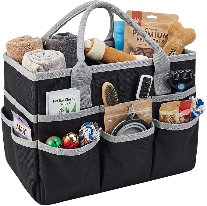 Pet Grooming Bag, Dog Grooming Organizer Tote with 10 Pockets, Dog Storage Organizer with Sturdy Handle for Grooming Supplies, Toys, Treats, Leash (Bag ONLY) (Black)