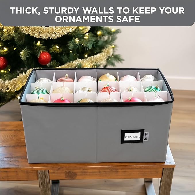 Christmas Ornament Storage Container with Dividers - Box Stores Up to 54 Ornaments, Zippered, Convenient, Adjustable, Large Organizer Bin to Protect Holiday Décor, Fits Most Standard Size, Grey