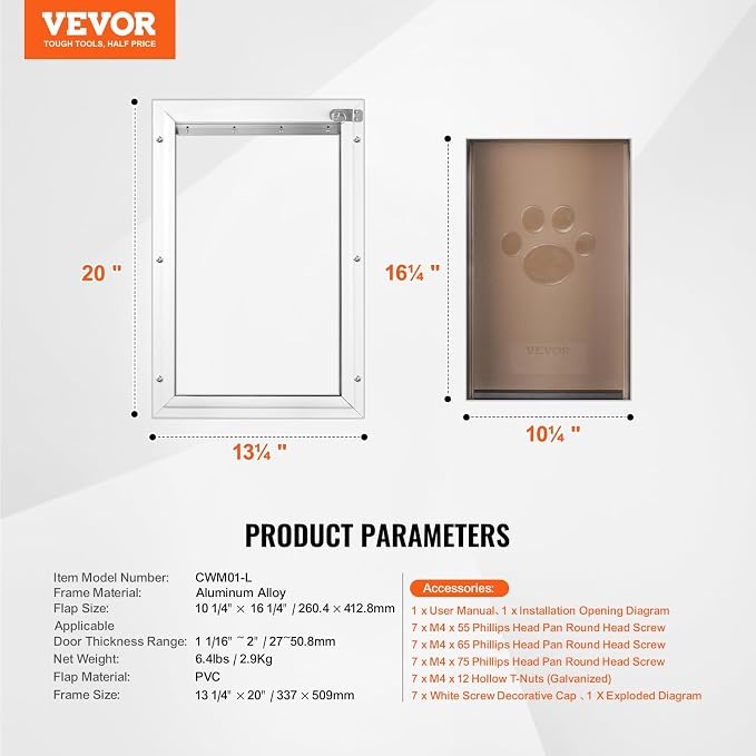 VEVOR Pet Door for Interior and Exterior Doors, Aluminum Frame, Metal Closing Panel and Lock, Strong and Durable Dog Door, Pet Door Suitable for Large Dogs (White-Large)