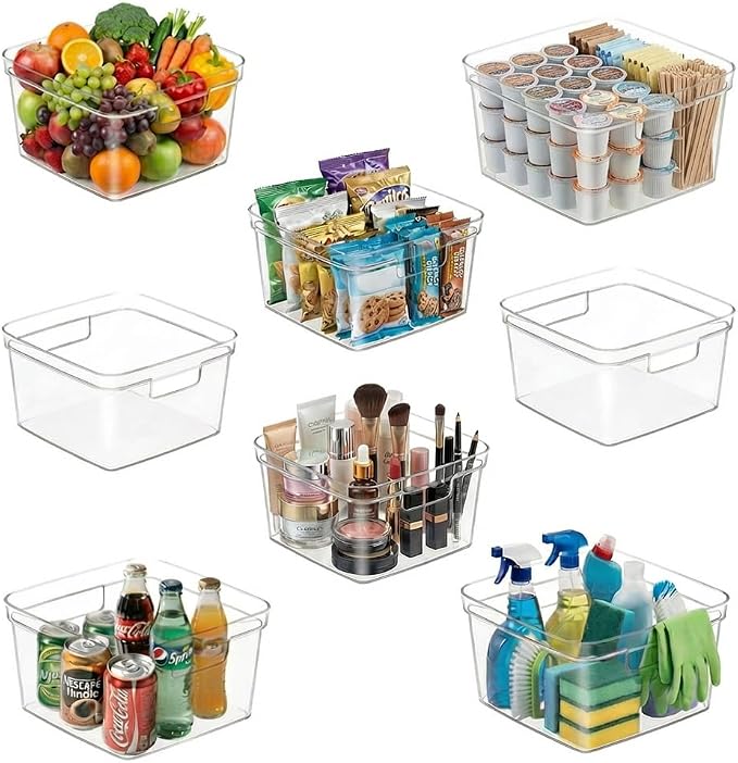 MOONEDGE 8-Pack 10x10x6 Clear Plastic Cube Storage Bins with Handles | PET square organizer containers for closet,pantry,kitchen,fridge,playroom,bathroom,under-sink,all-in-one organization