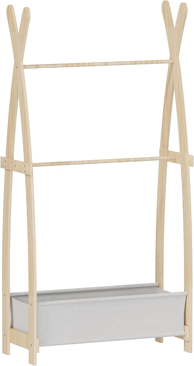 HedoAjim Kids Clothing Rack Dress Up Storage Shelf Closet for Girls Pet Coat Baby Garment Wardrobe Toddler Costume Closet Organizer Hanging Clothes with Double Hanging Rod Wood Nursery