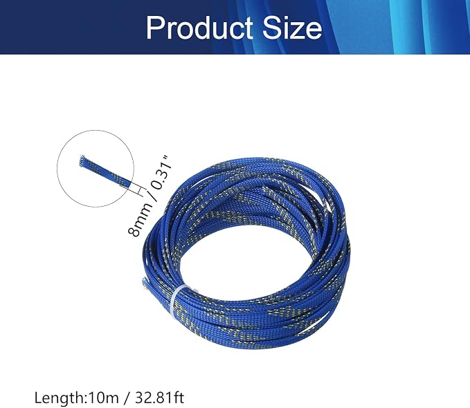 Jutagoss PET Expandable Braided Cable Sleeve, 32.8ft - 5/16 inch Blue Gold Cable Management Sleeve, Wire Loom Tube Cord Protector for USB Cable, Power Cord, Audio Video and More, 1Pc