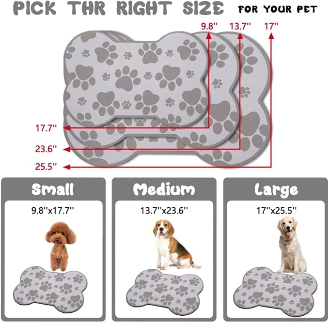 Dog Food Mats for Floors Waterproof, Pet Feeding Absorbent Water Bowl Mat Cat Placemats Gray Bone Shape 25.5 * 17 inch