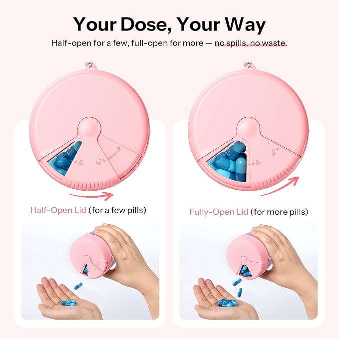 Pill Organizer with 7 Large Compartments,XL Cute Travel Pill Box BPA-Free | Anti Mixing, Large DIY Compartments for Vitamins and Fish Oil, Portable Monthly Pill Box with Labeled and Lanyards, Pink
