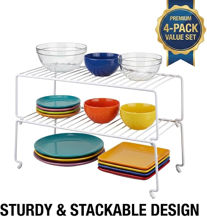 4-Pack Kitchen Cabinet Shelf Riser - Stackable Cupboard Organizer & Wire Rack for Pantry, Spice Organization, Desk & Bathroom, Rustproof Metal Closet Shelves, White (15.7" L x 8.5" W)