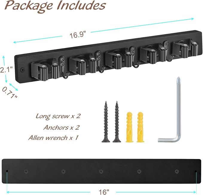 OUTNILI Mop and Broom Holder Wall Mount - Black Broom Mop Hanger - Wall Mounted Garden Tool Rack Organizer for Closet Garage Laundry Room Kitchen Decor With 5 Slots & 4 Hooks