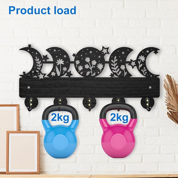 MAYJOYDIY Moon Phase Star Coat Rack Wall Mount Wooden Floral Moon Key Holder for Wall 11.8×5.5inch 5 Alloy Hooks Dreamy Wall Art Decor Black Key Rack Organizer for Gift Entryway Hallway Kitchen Room