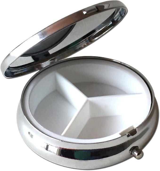 Paw Print Silver Pill Box – Round 3-Compartment Metal Pill Organizer, Compact 2-Inch Travel Pill Case for Purse or Pocket