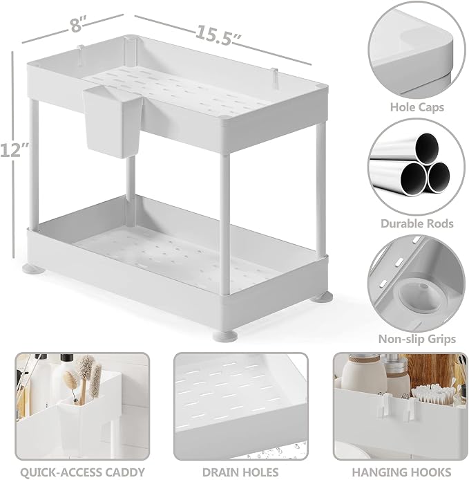 Under Sink Organizers and Storage | Bathroom Cabinet Organizer, Sink Shelf with Utility Hooks and Side Caddy for Under Cabinet Storage | Non Slip Grip Under Kitchen Sink Organizer, White (1-Pack)