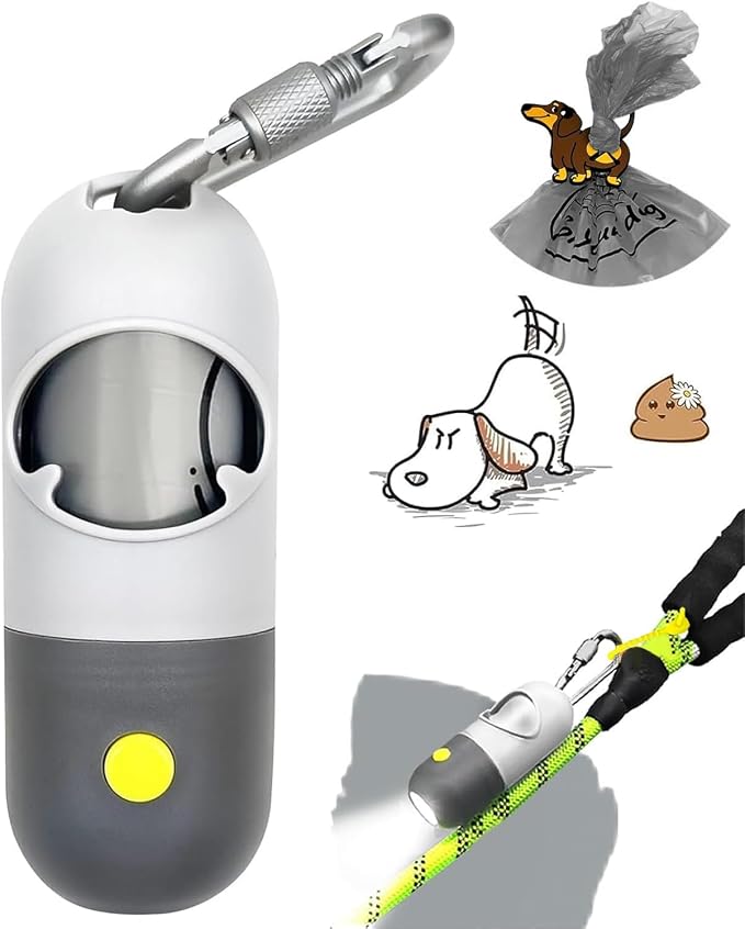 YUCHIYA Dog Poop Bag Holder Dispenser with LED Flashlight(Light Grey) | 100ft Ultra-Bright LED|Glow-in-the-Dark Avacado Clip|Metal Carabiner&Silicone Tether|15 Leak-Proof Scented Waste Bags