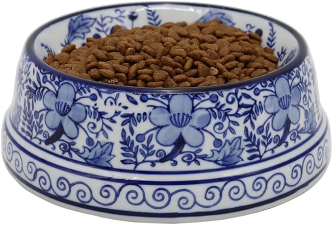 Aimusego 6.7inch Blue Ceramic Chinoiserie Food & Water Dish for Small and Medium Dogs/Cats, Non-Slip Anti-Tip Porcelain Pet Feeder Bowl