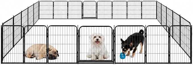 Dog Play Pen for Outdoor Use - 24'', 32 Panels for Small and Puppy Size Dogs - Portable Playpen Kennel for RV, Camping, and Yard - Heavy Duty Pet Fence w/Black Rust Resistant Coating