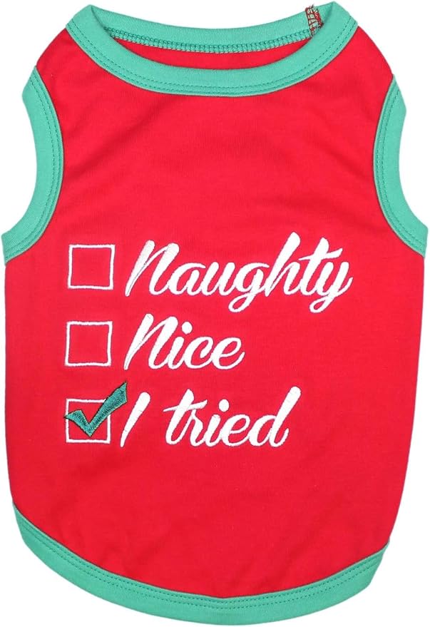Parisian Pet Dog Christmas Tshirt - Embroidered “ Naughty Or Nice “ Dog Shirt - Lightweight Cotton Puppy Christmas Outfit - Sleeveless Funny Pet Clothes - Shirts for Small Dogs - XXS