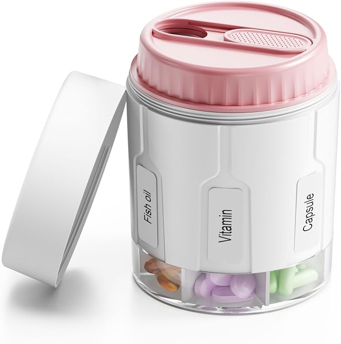 Daviky Pill Bottle Organizer, 7 Large Compartments, Travel Pill Dispenser | Seven large compartments organize daily pills, vitamins and supplements, with dual lids for convenient storage and travel