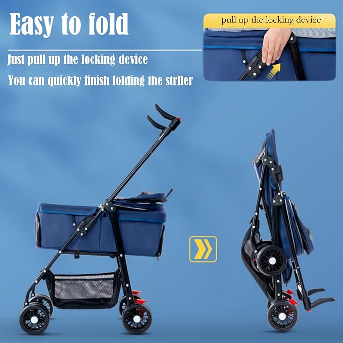Foldable Pet Dog Stroller, Travel Dog Carrier with 4 Wheels Lightweight Dog Outing Accessories Cat Puppy Strolling Cart with Removable Liner & Storage Basket