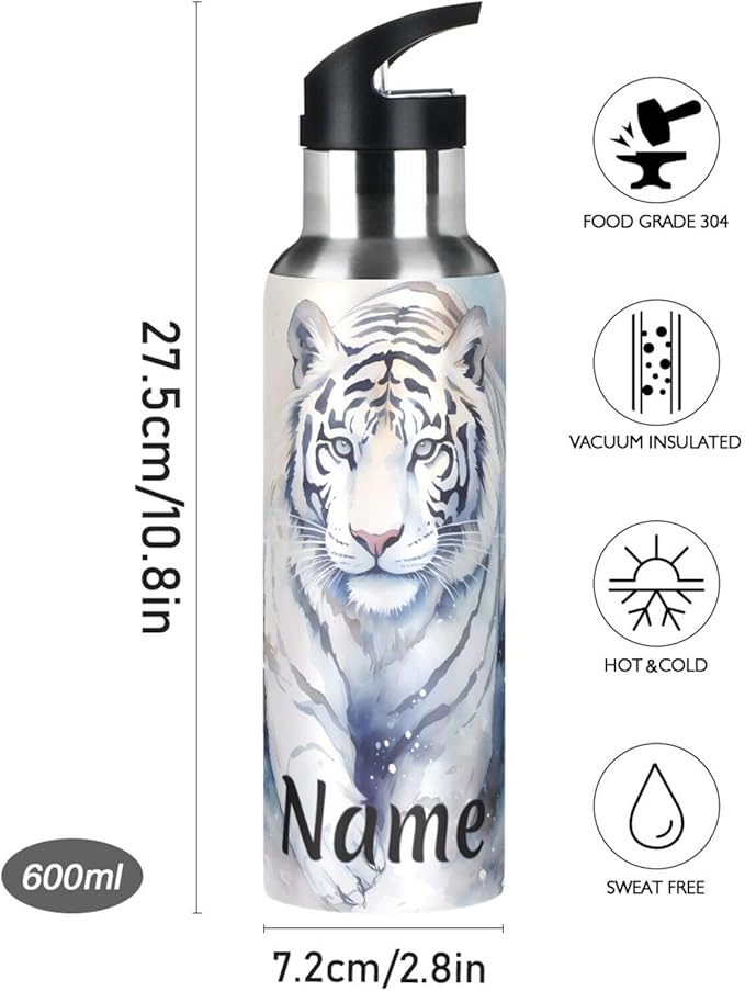 Custom Name Tiger Walk Water Bottle with Straw Lid Kids Insulated Stainless Steel Water Flask Sports, 20 Oz Hot Cold