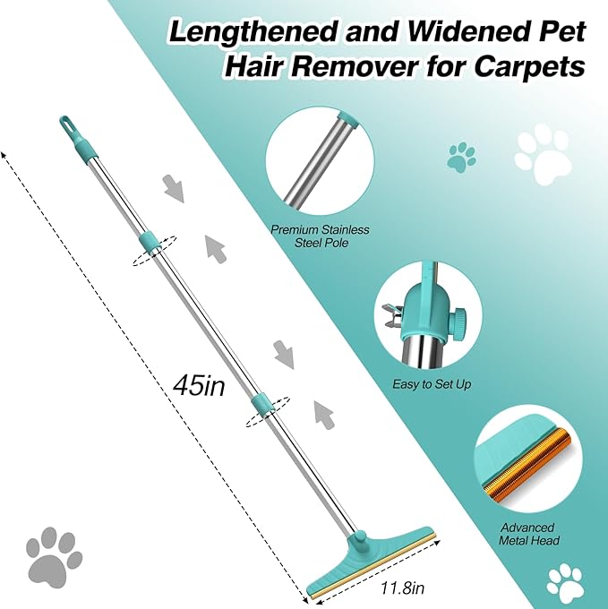 Eaersan Carpet Rake for Pet Hair Removal - Reusable Pet Hair Remover, 45” Adjustable Long Handle Cat Dog Carpet Rake Scraper with Patented Design, Dog Hair Rake Brush for Rugs, Mats