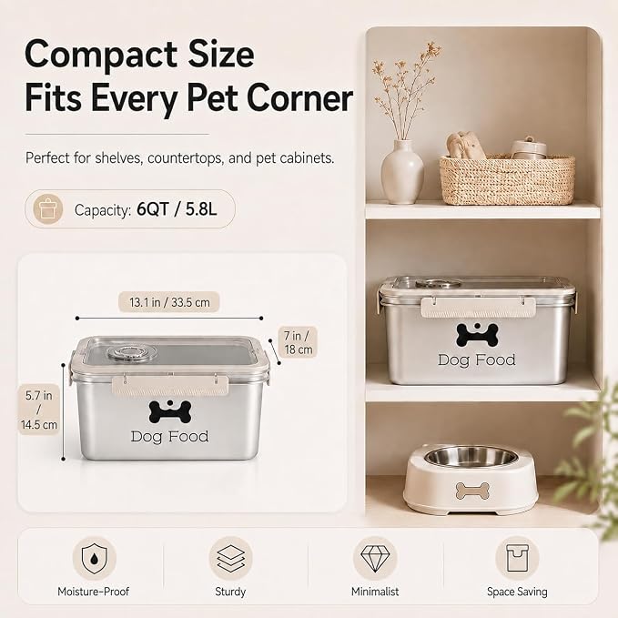 Airtight Dog Food Storage Container 6 QT / 5.8L, Stainless Steel Pet Food Bin with Clear Lid, Portable Dog Kibble Container with Handle - Hold 5.8L - Ideal for Pantry, RV Travel