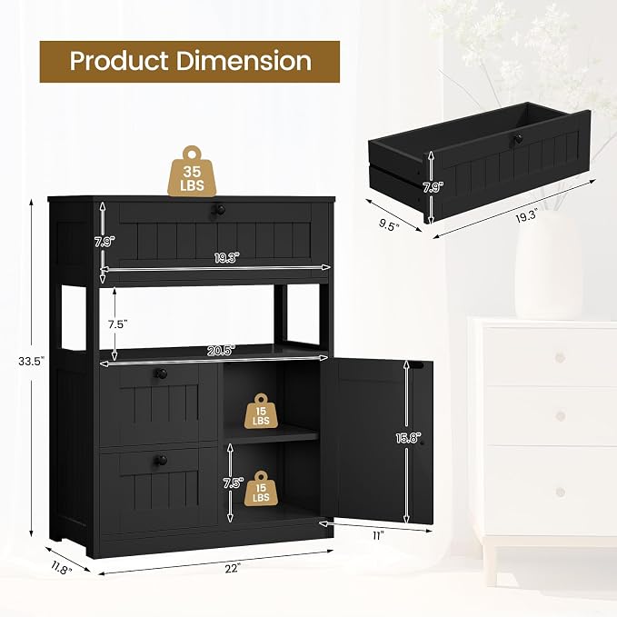 GRUSIGN Storage Cabinet, Modern Bathroom Floor Storage Cabinet Organizer with 1 Door and 3 Drawers, Freestanding Cupboard for Kitchen/Living Room Use