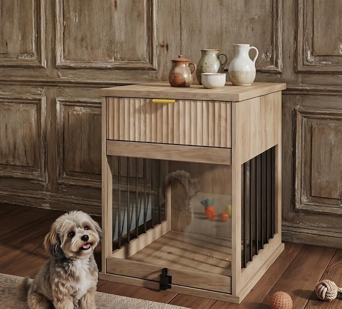 Dog Crate End Table w/Charging Station, Glass Door, Storage Drawer | Smart 3-in-1 design with built-in power hub.hideaway tempered glass door & deep drawer.Sturdy MDF build for small dogs.