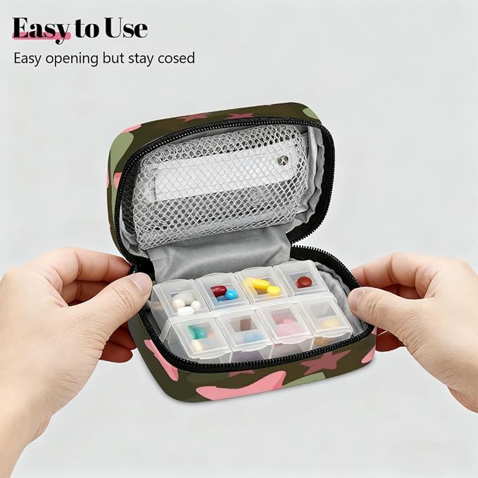 Weekly Pill Organizer Travel Size Bag with Removable 7 Day Pill Box Portable Vitamin Case Purse with Zipper,Star Camo Pattern