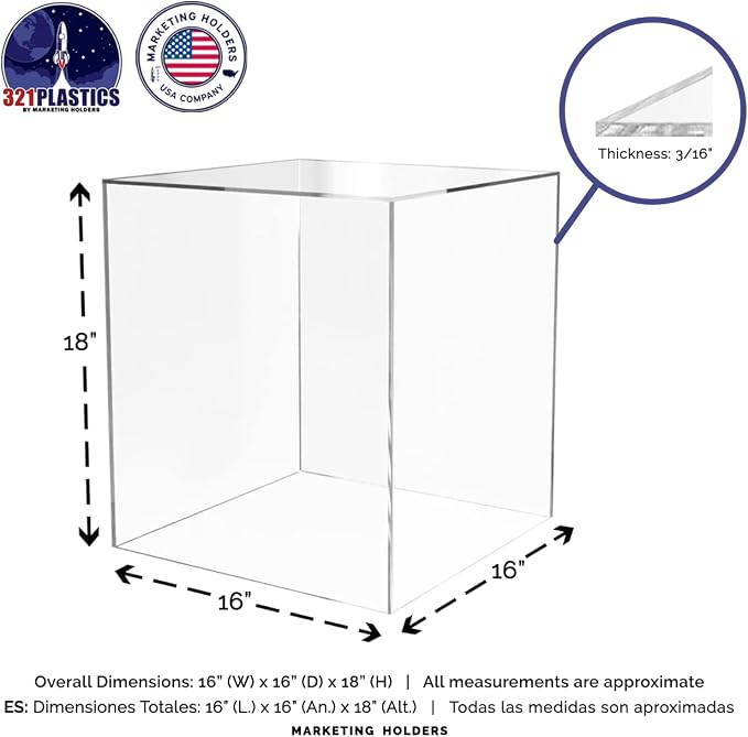 16" x 16" x 18" Clear Acrylic Display Box No Lid Versatile Square Plexiglass Retail Product Storage Bin or Merchandise Riser with One Open Side by Marketing Holders
